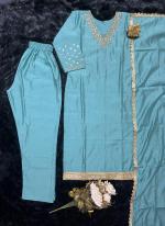 Roman Silk Blue Festival Wear Mirror Work Readymade Straight Suit